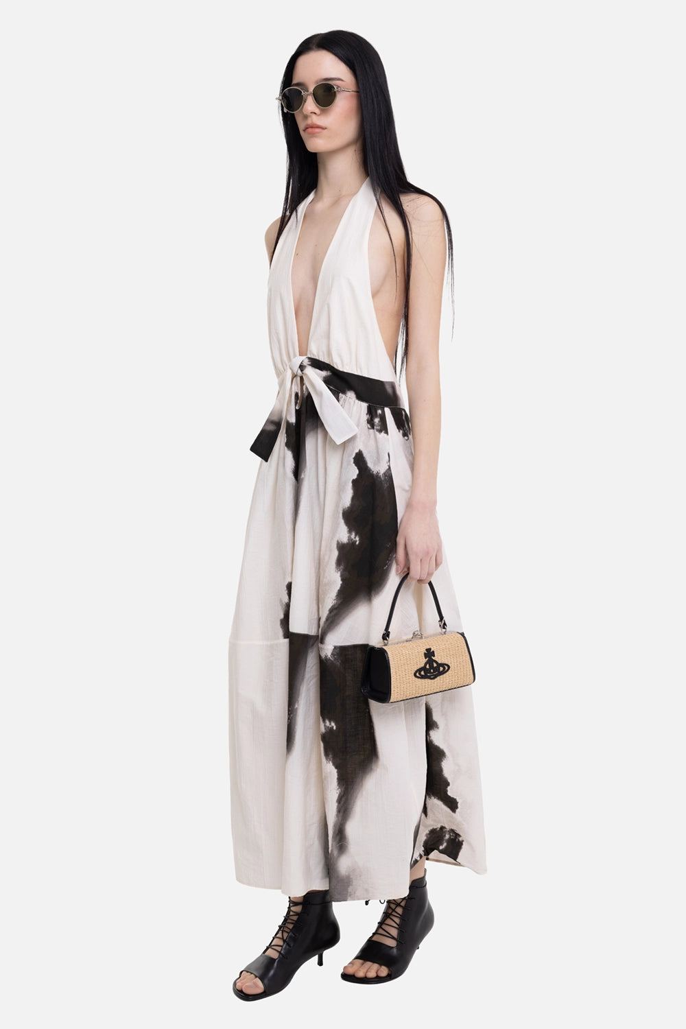 Gentry Portofino women's halterneck maxi dress in ecru, on-model full length, plunging neckline and smoky print