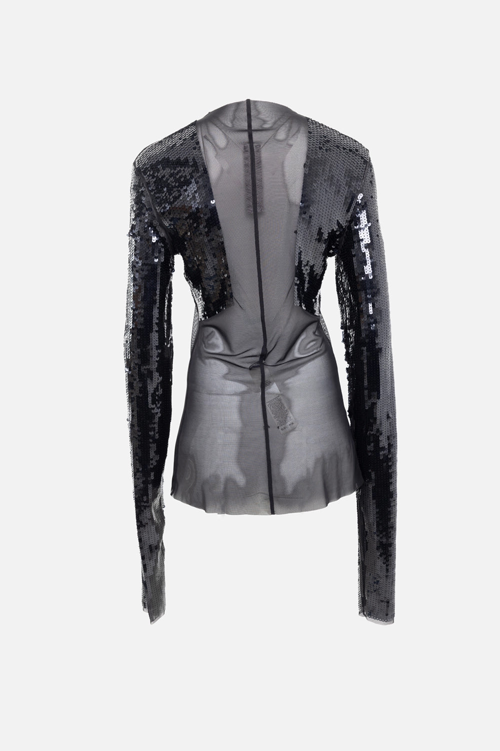 Rick Owens women’s sheer mesh sequin bolero top in black/ash/black, back view, centre back seam with sequin sleeves