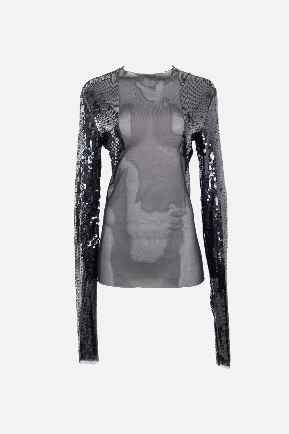 Rick Owens women’s sheer mesh sequin bolero top in black/ash/black, front view, open front with long sleeves