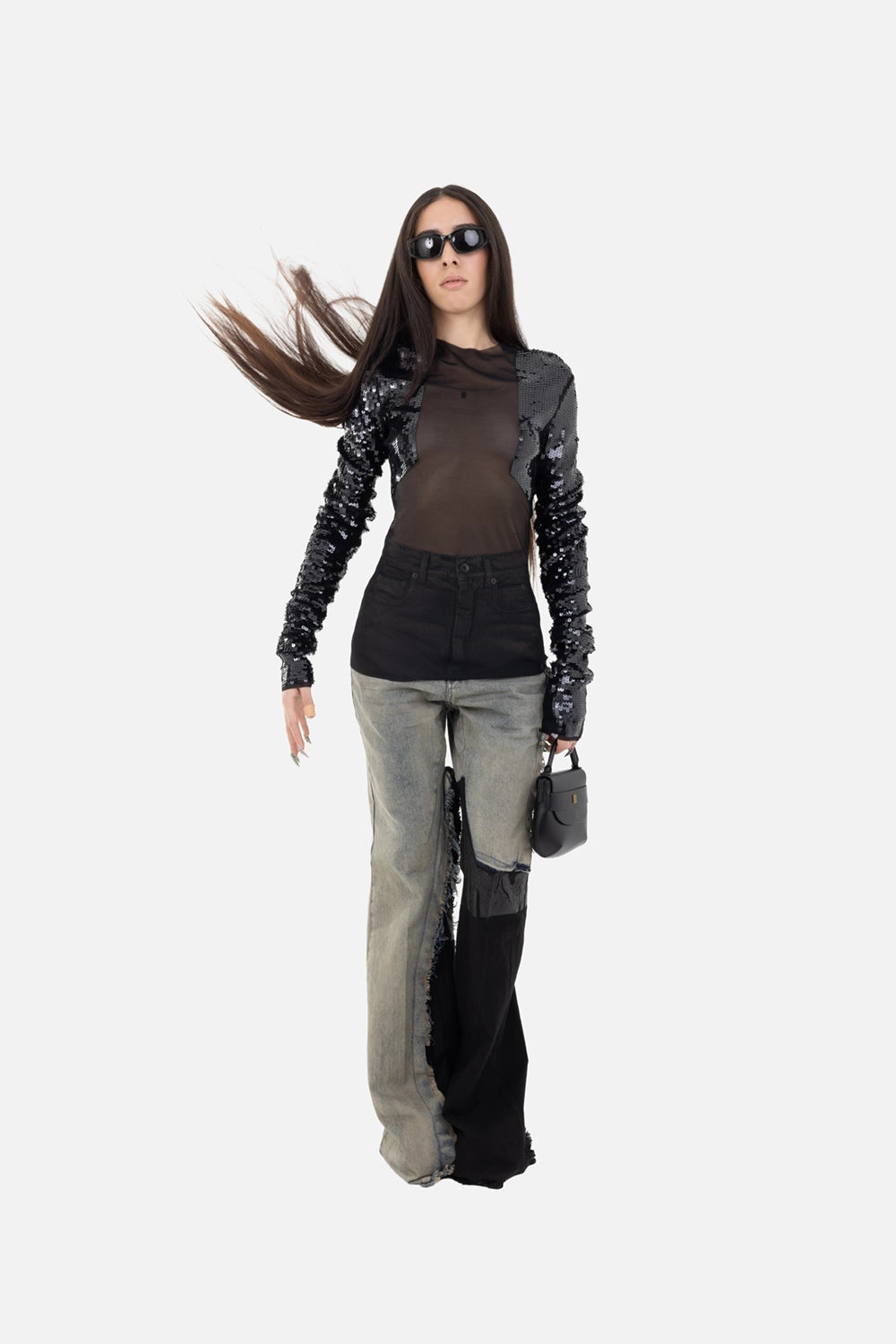 Rick Owens women’s sheer mesh sequin bolero top in black/ash/black, on-model full-length, glittering sleeves over black base layer