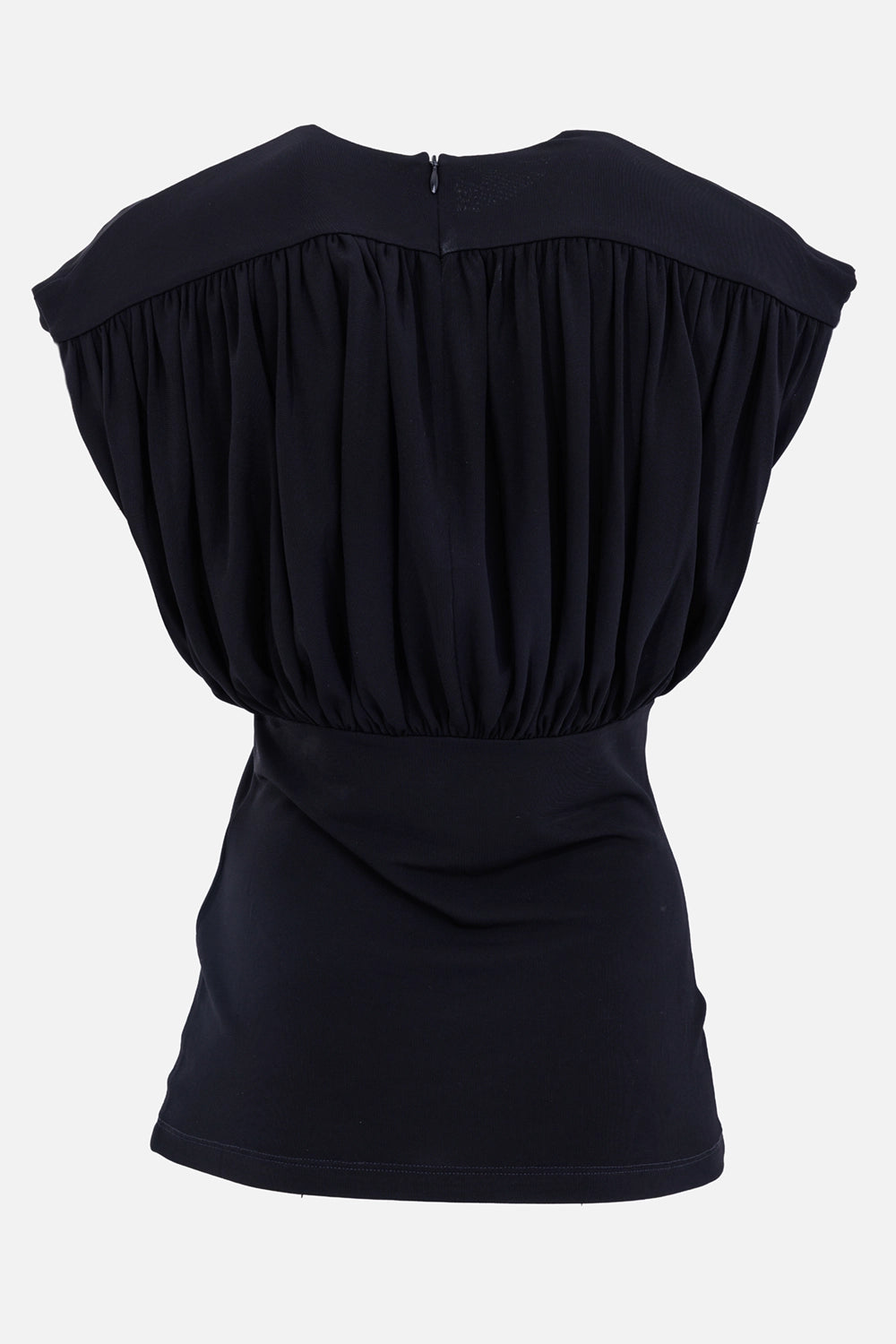 Anine Bing women's black Fran top, back view with gathered draping, broad shoulder panel and concealed zip