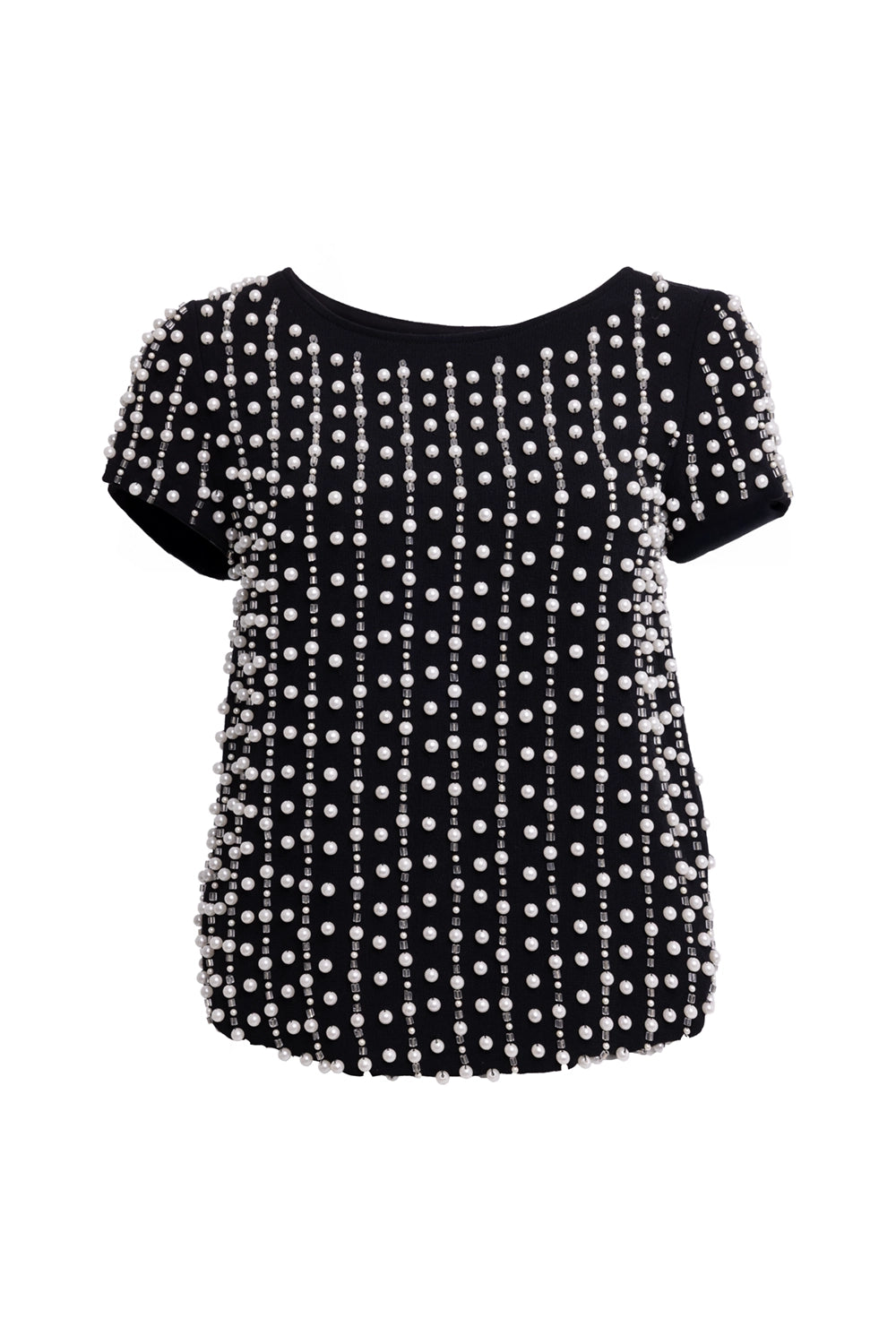 Pre-owned Ermanno Scervino women’s top in black, front view, pearl and bead embellishment in vertical lines