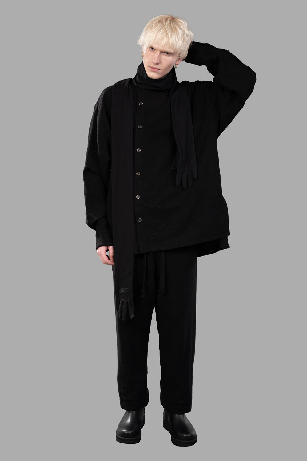 UMA WANG top in black, on-model full length with off-center button placket and relaxed fit