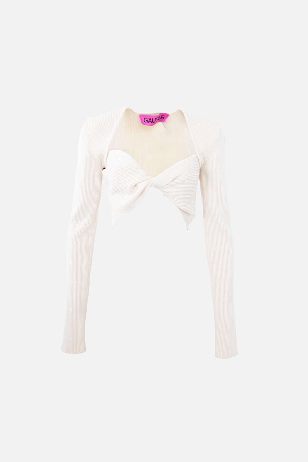 Pre-owned Gauge81 women’s top in cream, front view, twist-front rib knit with deep V neckline