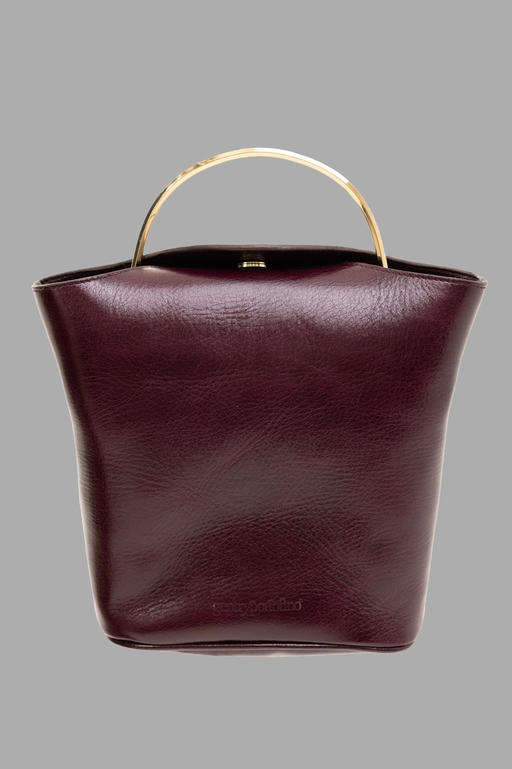 GentryPortofino women's top-handle bag in Borgogna, front view, gold arc handle, sculpted bucket shape.