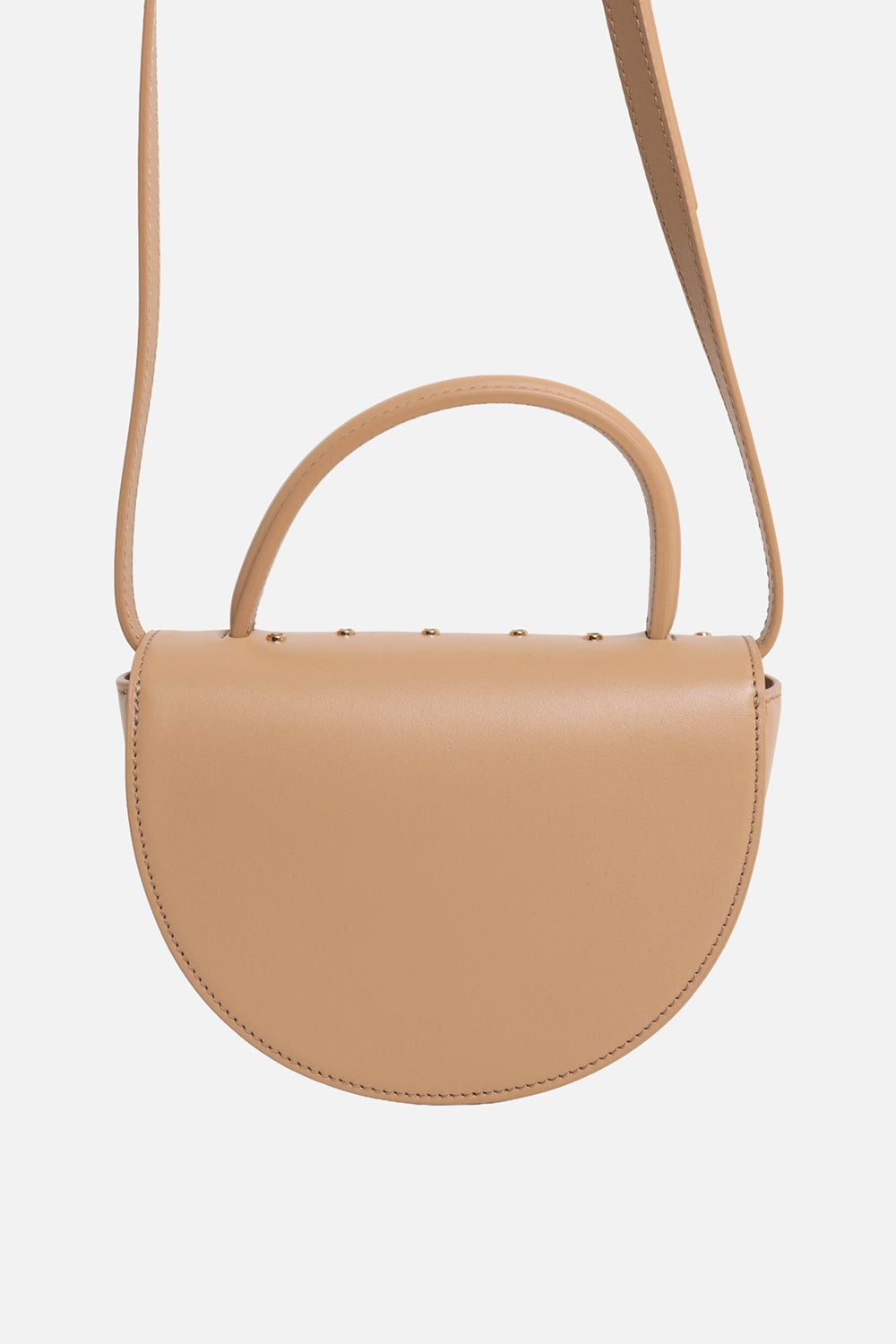 By Malene Birger women's top-handle bag in dark sand, back view, smooth leather panel and rounded handle