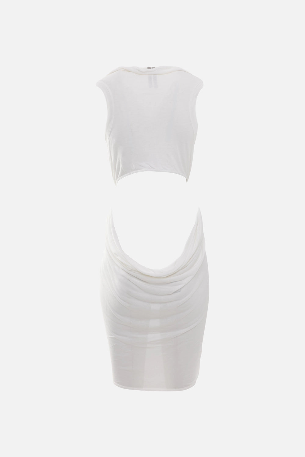 Rick Owens women's draped sleeveless top in milk, back view, clean open back with smooth jersey finish