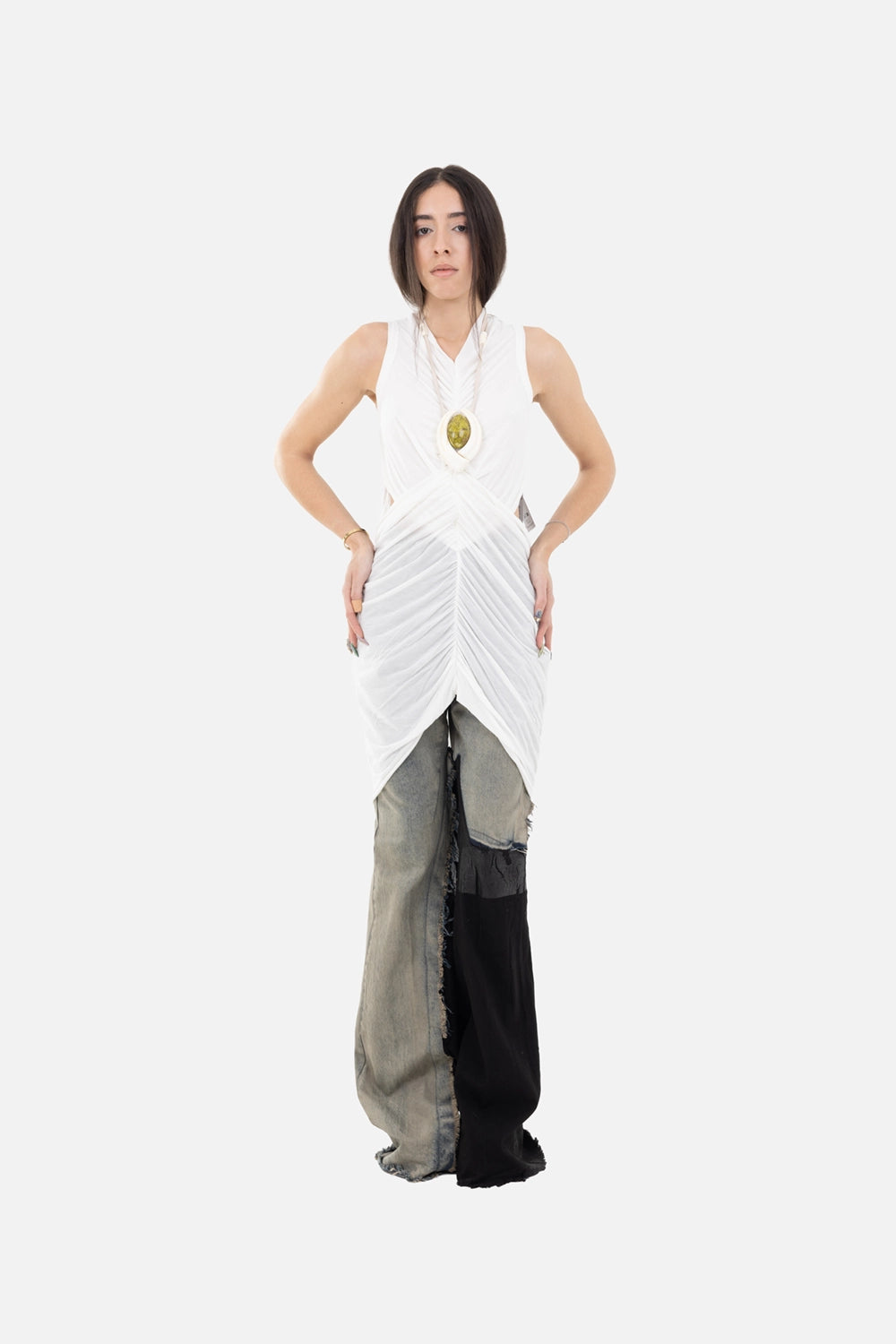 Rick Owens women's draped sleeveless top in milk, on-model full-length, wrap-style ruched front and long pointed hem