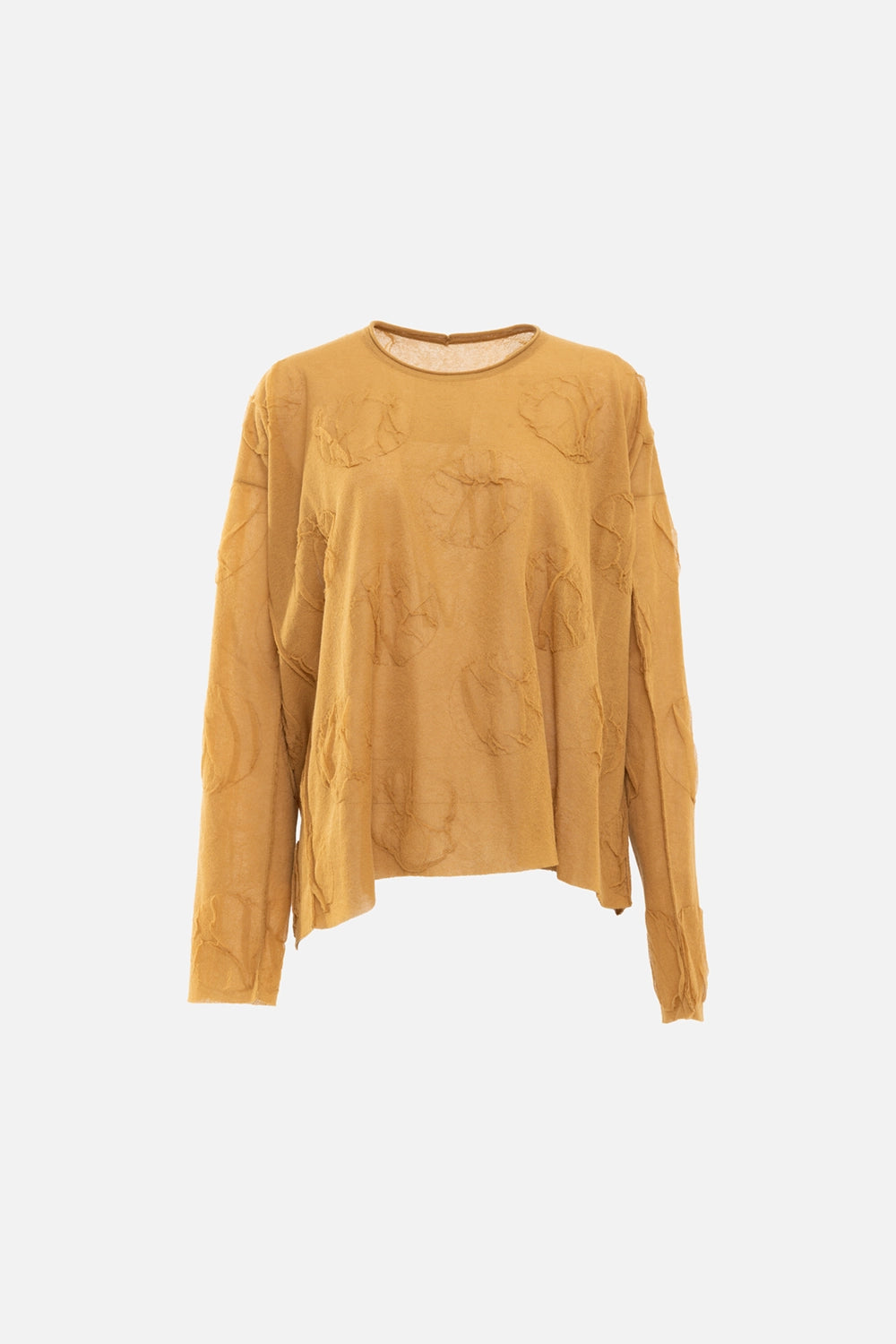 Uma Wang women's long sleeve top in mustard, front view, semi-sheer fabric with raised circle motif