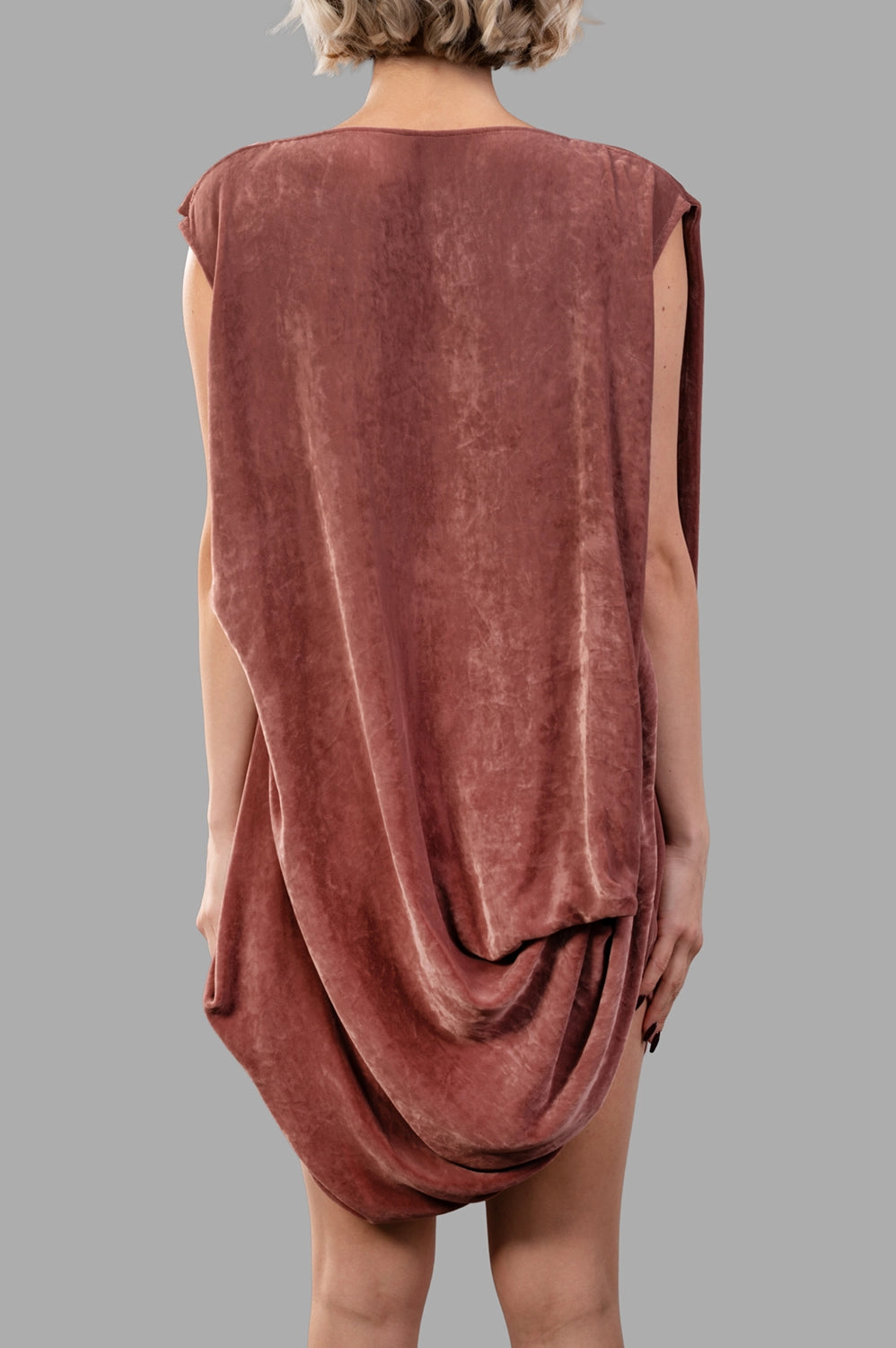 Rick Owens top in rosewood, back view, cascading draped panel with a smooth upper back