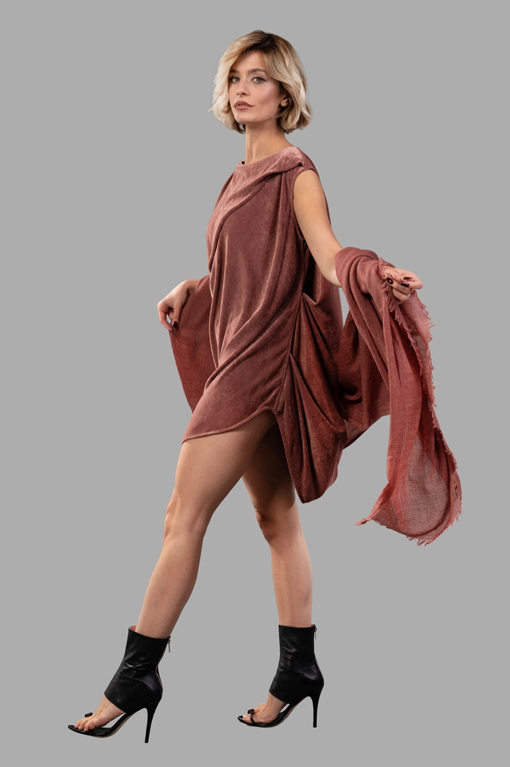 Rick Owens top in rosewood, on-model full length, draped silhouette with gathered side folds