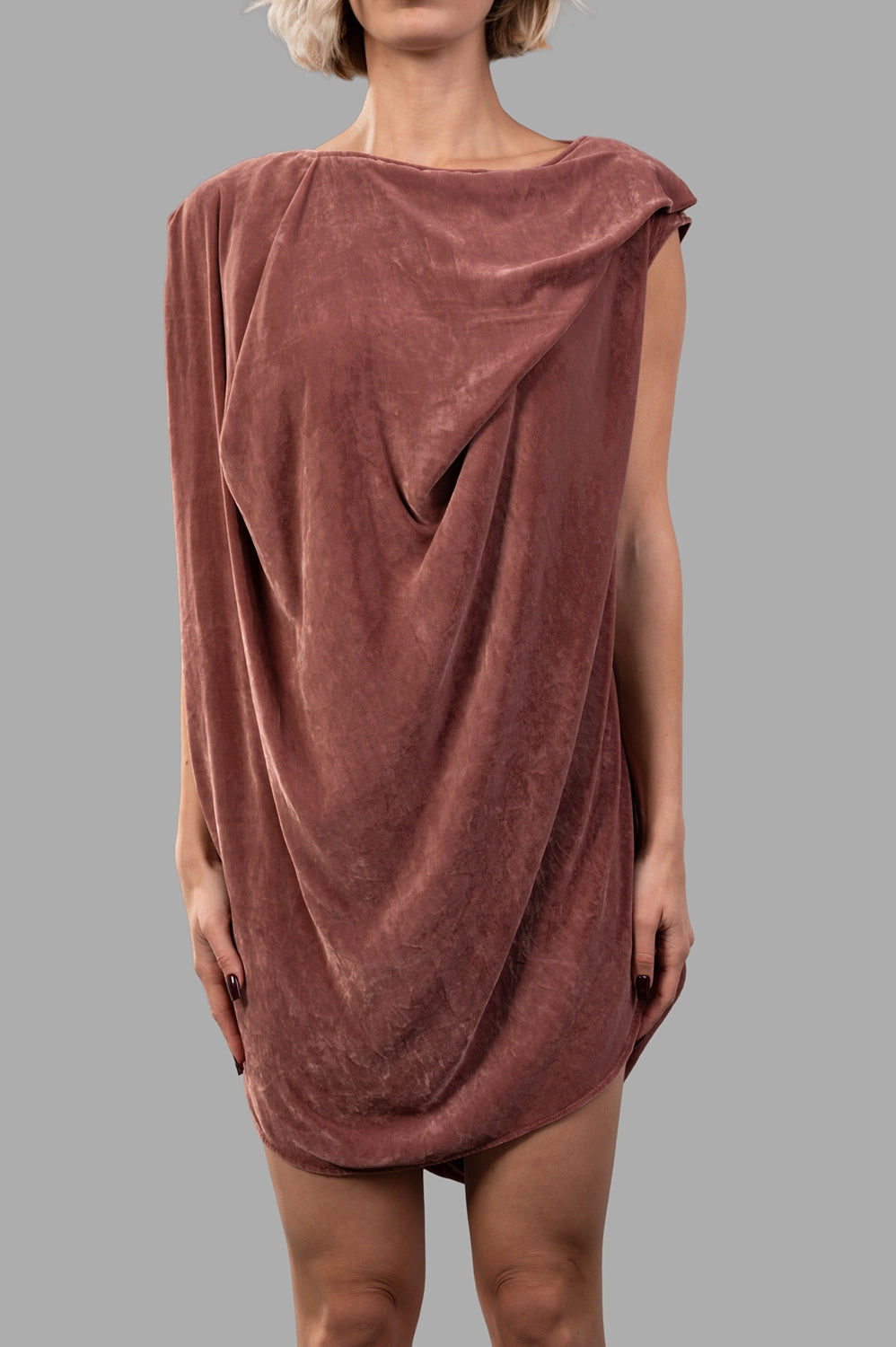 Rick Owens top in rosewood, side view, exaggerated drape falling from the armhole