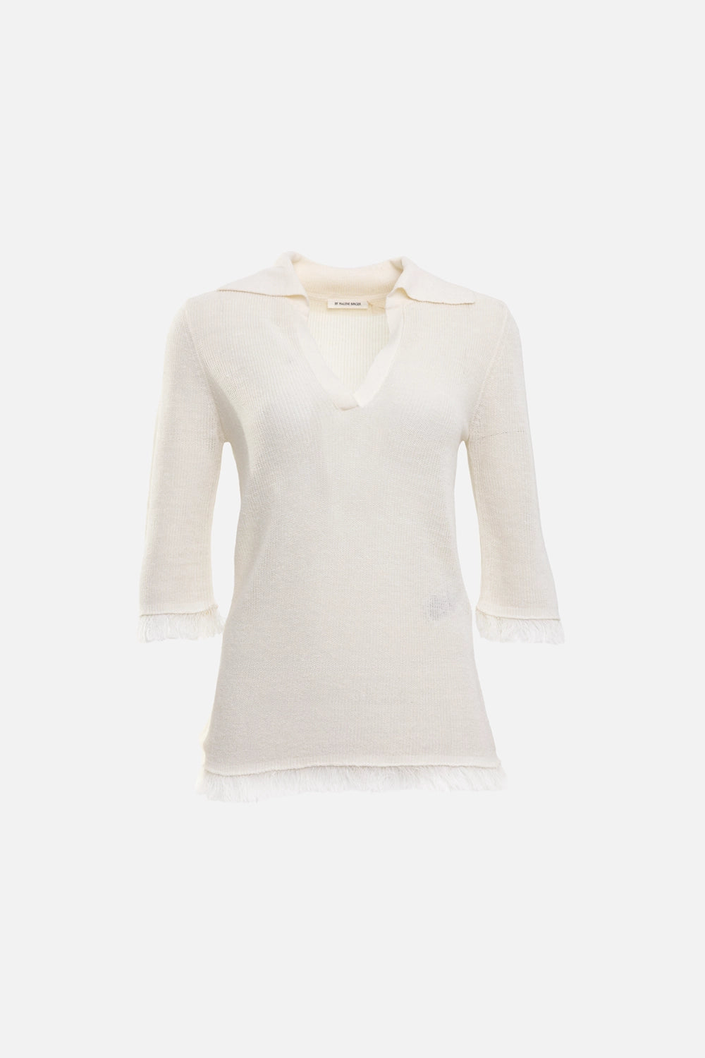 By Malene Birger women’s knit top in soft white, front view, relaxed polo collar and fringed cuffs
