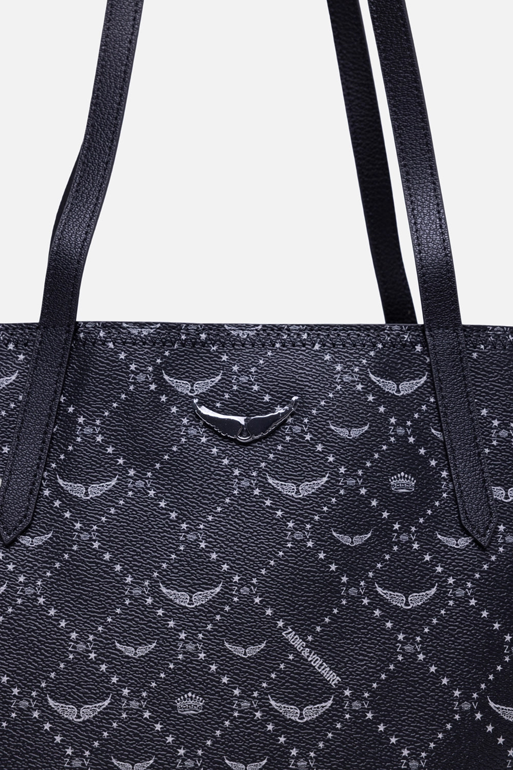Zadig&Voltaire women’s tote bag in black, hardware close-up, silver-tone wing plaque over monogram print