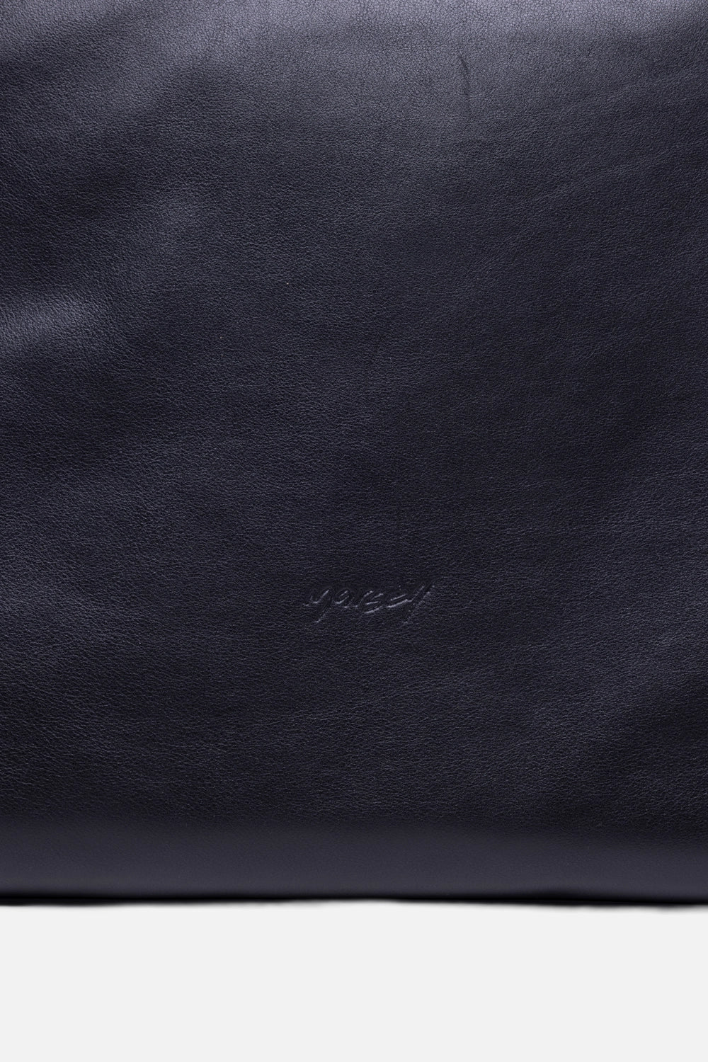 Marsèll unisex tote bag in black, logo detail, debossed branding on smooth leather panel