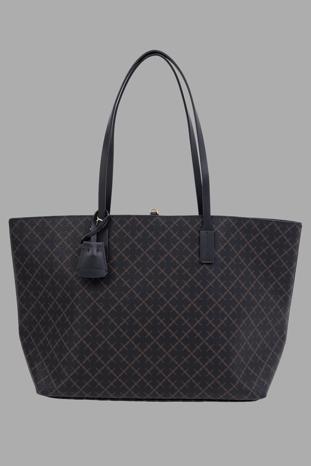 By Malene Birger women tote bag in Dark Chocolate, front view, signature Flower monogram and slim handles.