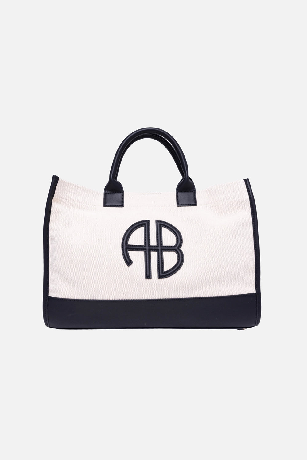 ANINE BING women's tote bag in Natural Canvas with Black, front view, AB monogram leather patch