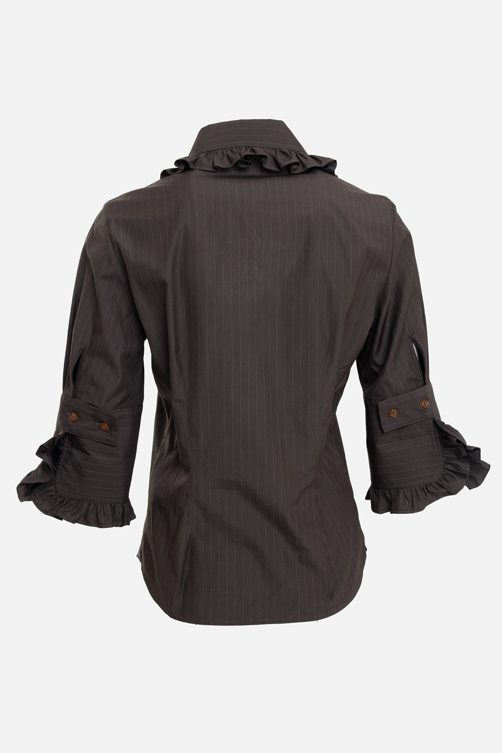 Vivienne Westwood women's Toulouse Frill shirt in Dark Khaki, back view, pinstripe fabric and frilled cuffs