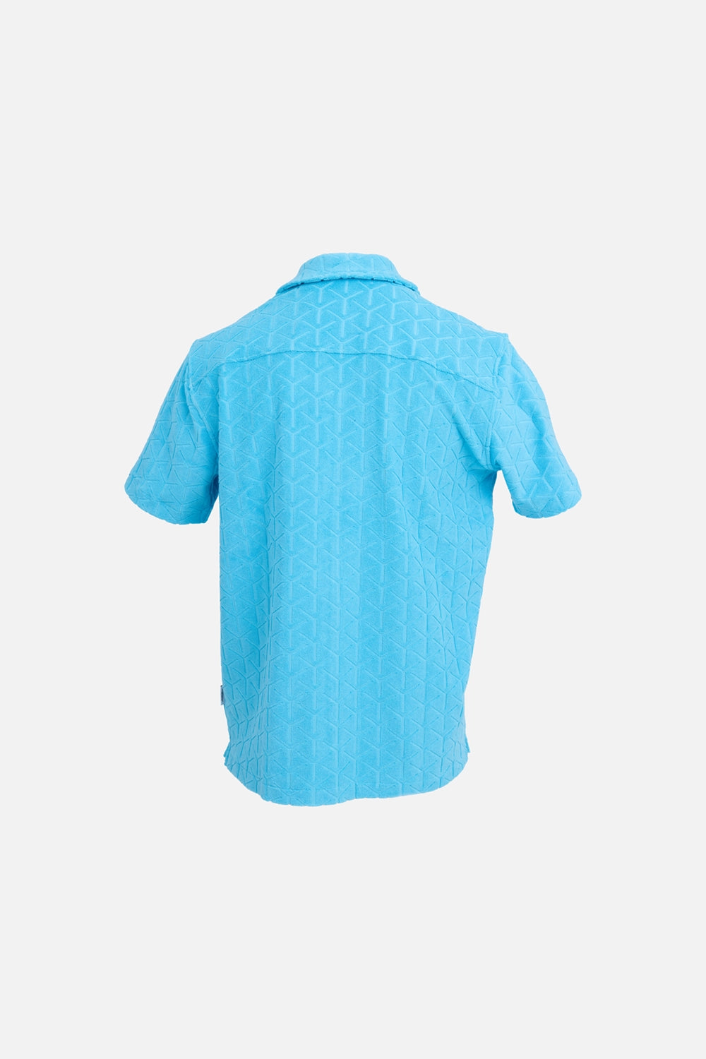 Orlebar Brown mens towelling shirt in Synth Blue, back view, all-over Reticolo jacquard with short sleeves