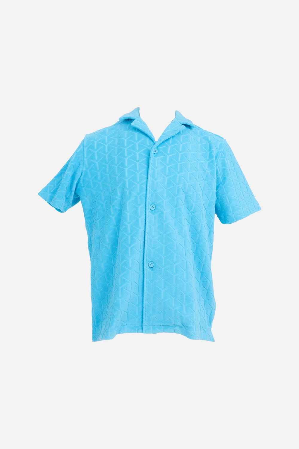 Orlebar Brown mens towelling shirt in Synth Blue, front view, Reticolo jacquard texture with three-button opening