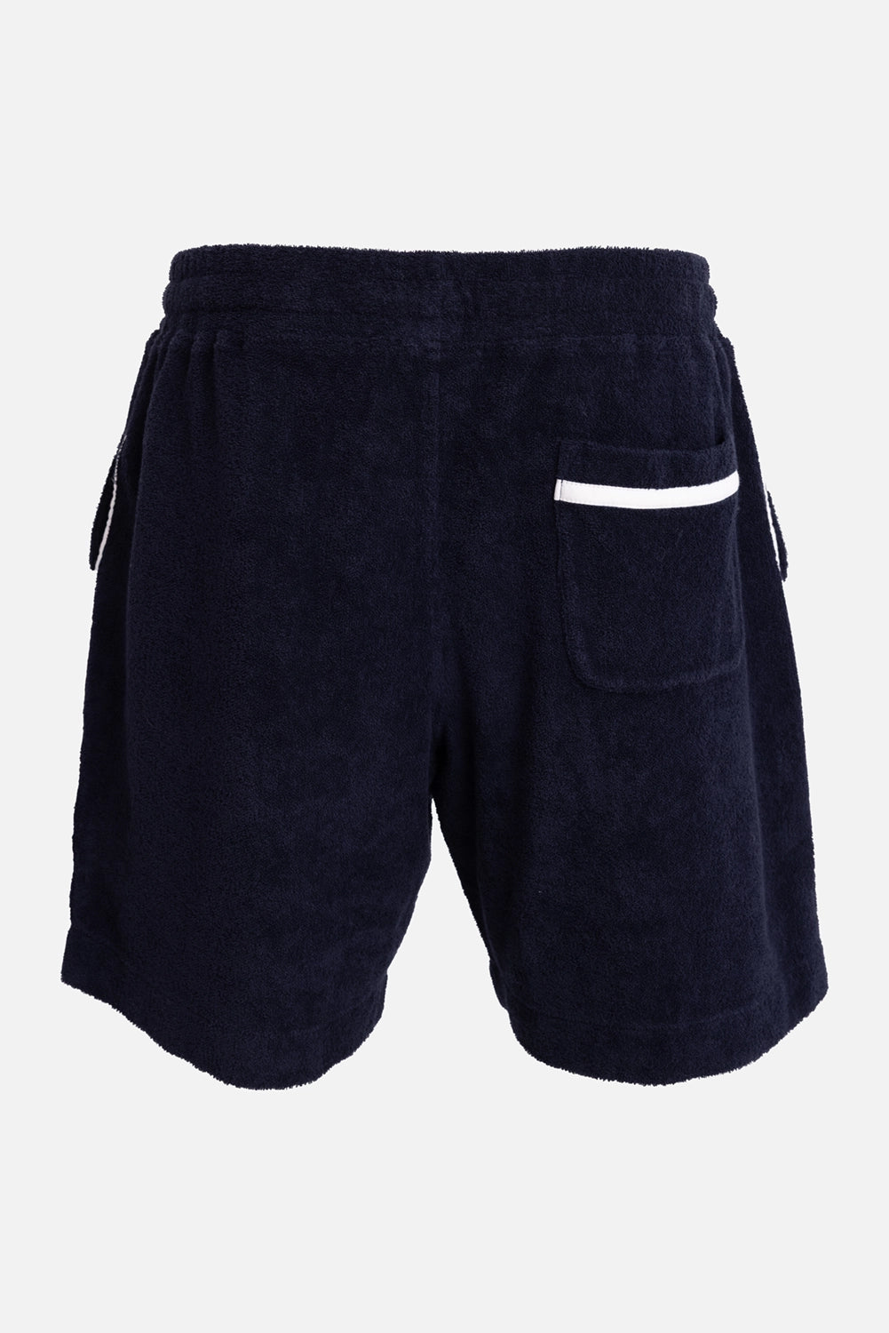 Orlebar Brown men's shorts in Night Iris/White Sand, back view, patch pocket with white contrast stripe