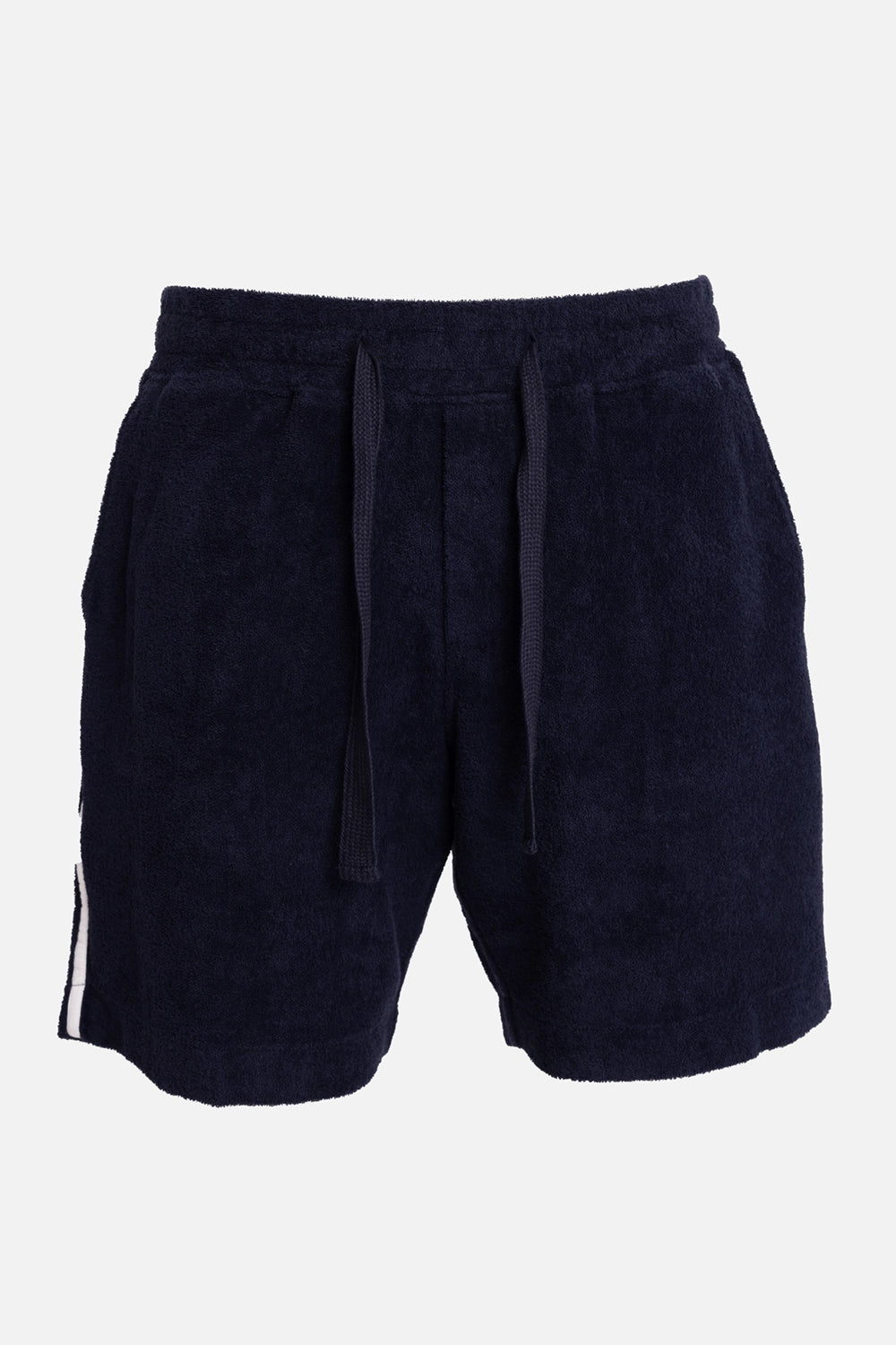 Orlebar Brown men's shorts in Night Iris/White Sand, front view, terry texture and long drawcord ties