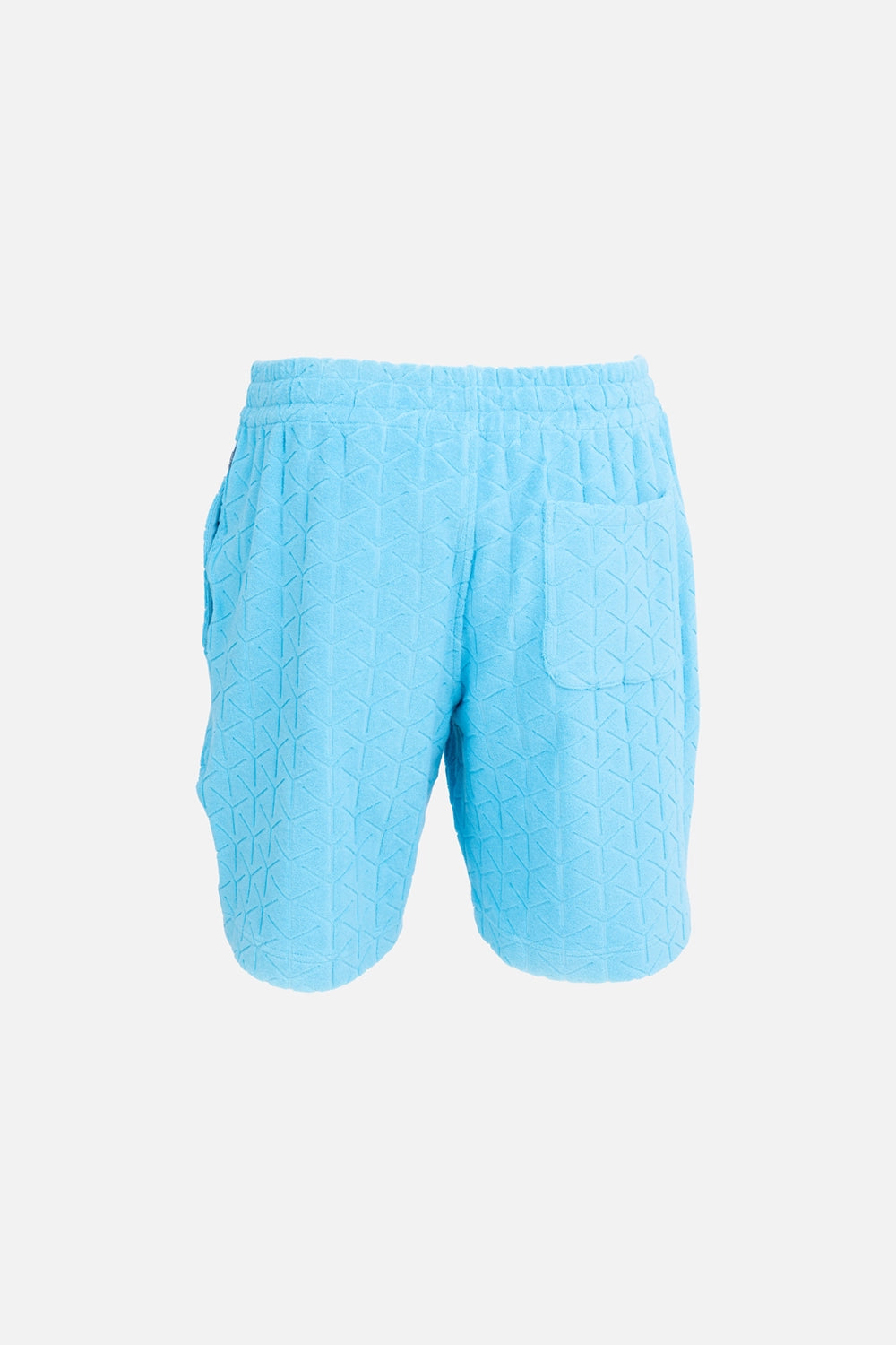 Orlebar Brown mens sweat shorts in Synth Blue, back view, patch pocket detail in jacquard towelling