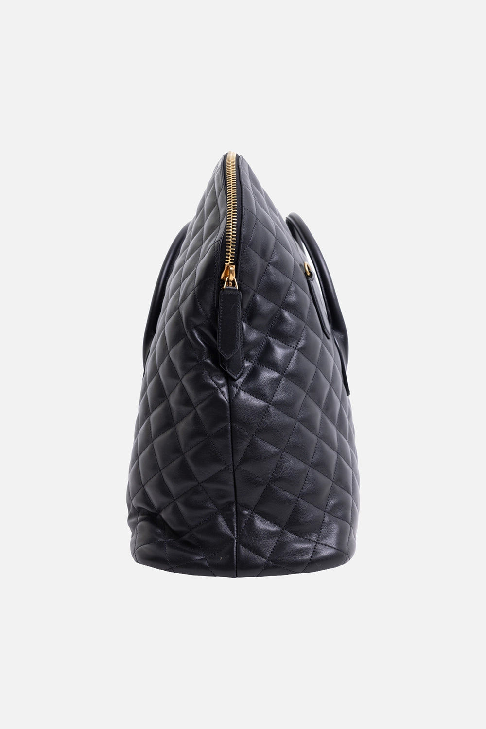 Pre-owned Saint Laurent unisex travel bag in black, side view, gold-tone top zip and quilted gusset