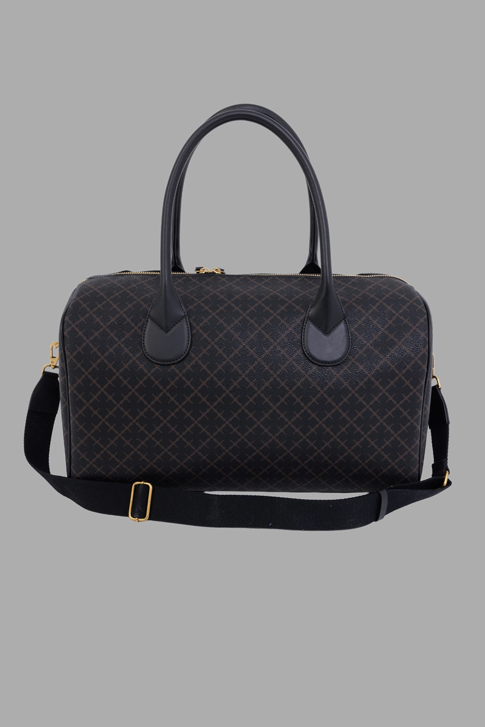 By Malene Birger women's small travel bag in dark chocolate, front view, monogram, rolled handles, gold zip, webbing strap