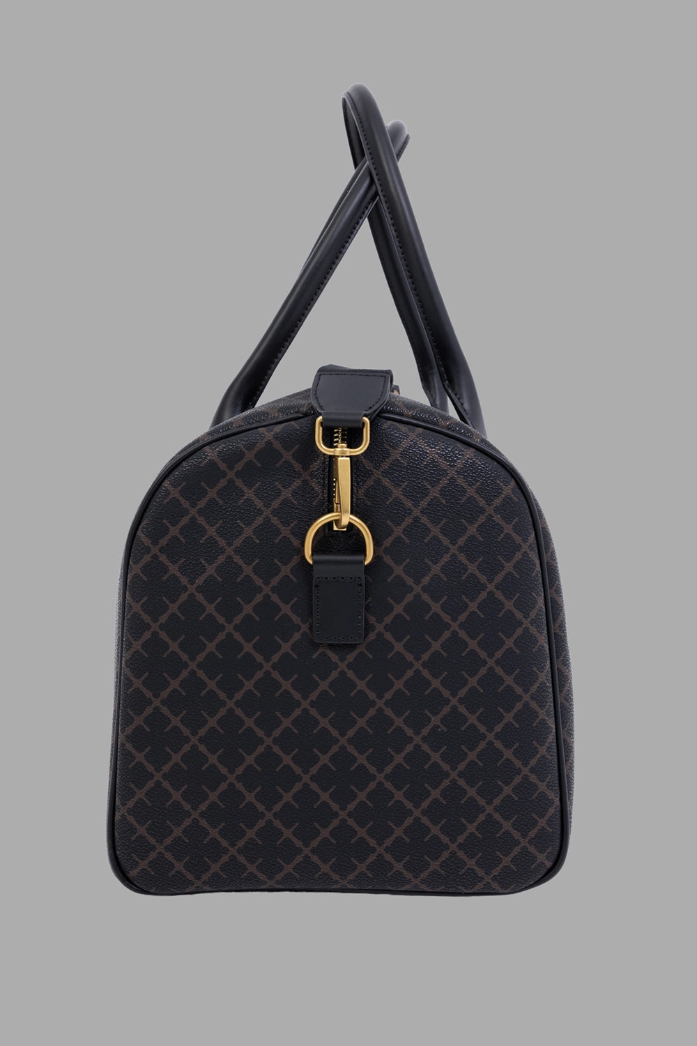 By Malene Birger women's small travel bag in dark chocolate, side view, end panel with gold D-ring and zip pull