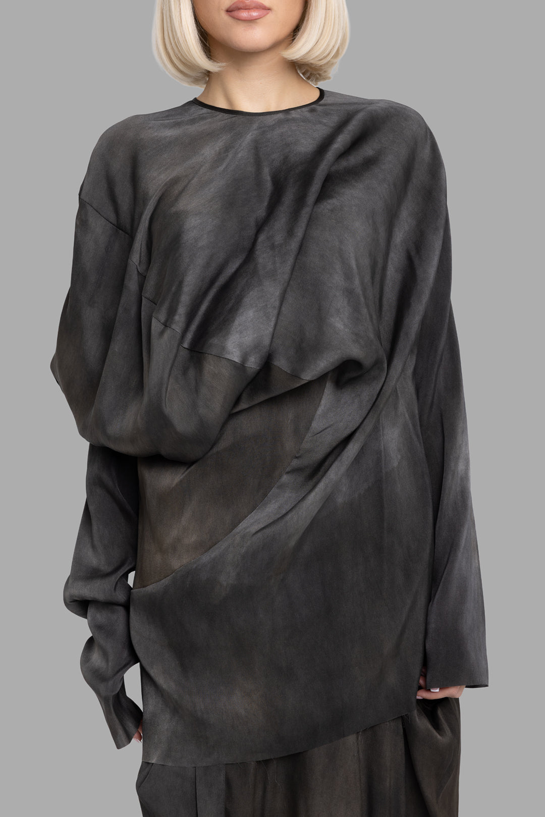 Uma Wang women's dark grey Tavella Trek silk top, front view highlighting sculptural draped panels and long sleeves.
