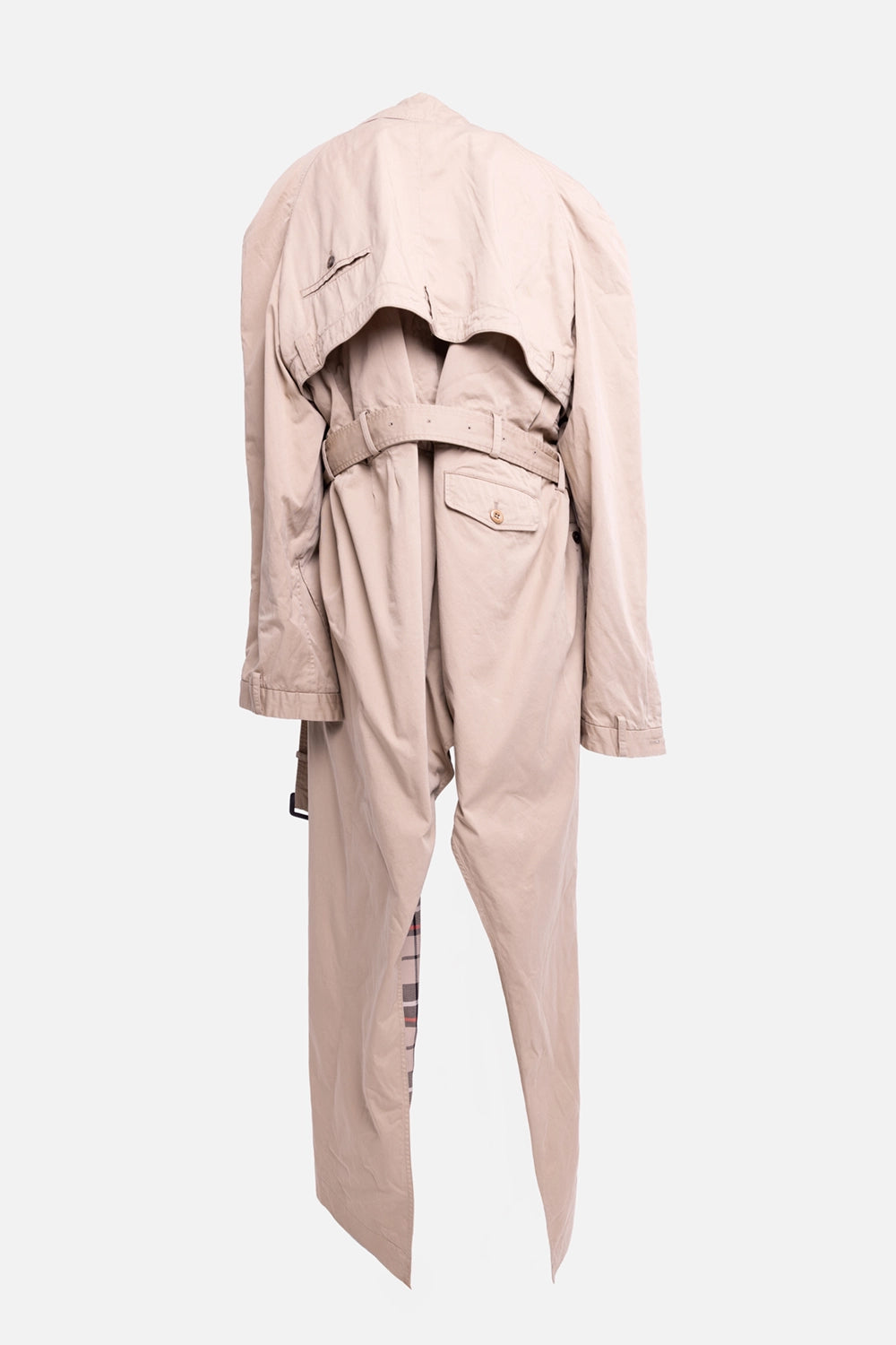 Pre-owned Balenciaga women's trench coat in beige, back view, cape yoke and flap back pocket detail