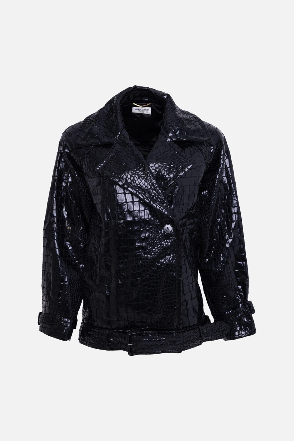 Pre-owned Saint Laurent women’s trench coat in black, front view, double-breasted buttons and belted hem