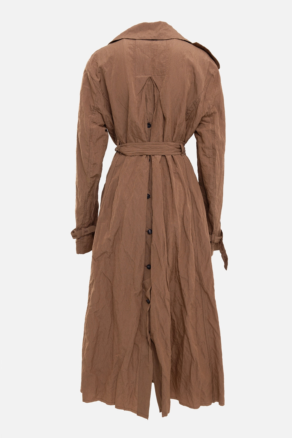 Masnada women's trench coat in copper, back view, central pleat and buttoned back opening