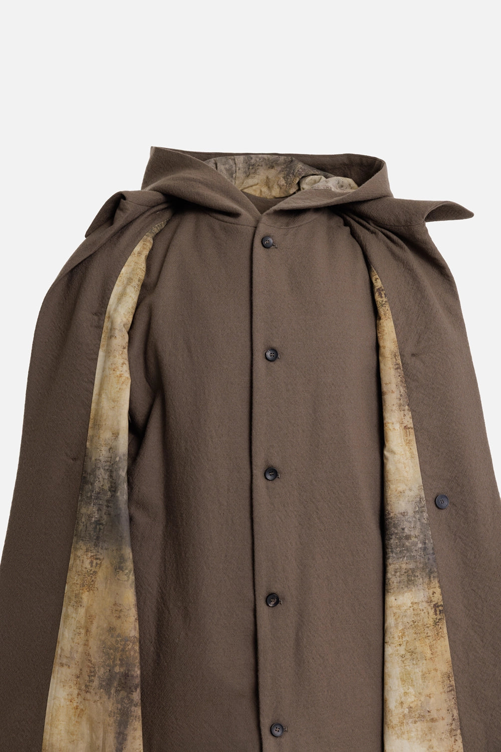 Masnada men's trench coat in Marsh, interior view showing printed lining and buttoned hooded gilet