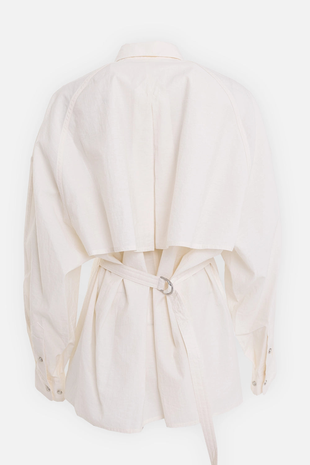Helmut Lang women's trench shirt in winter white, back view with storm flap and D-ring waist belt