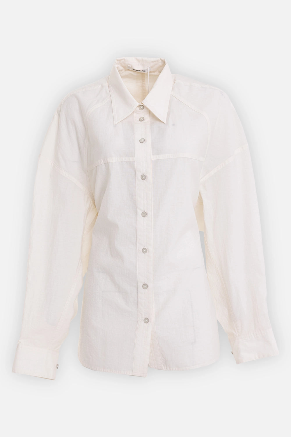 Helmut Lang women's trench shirt in winter white, front view with semi-sheer fabric and tonal yoke seams