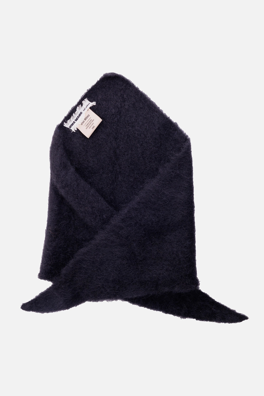 Uma Wang unisex triangle scarf in black, label view with woven brand tag and softly brushed surface