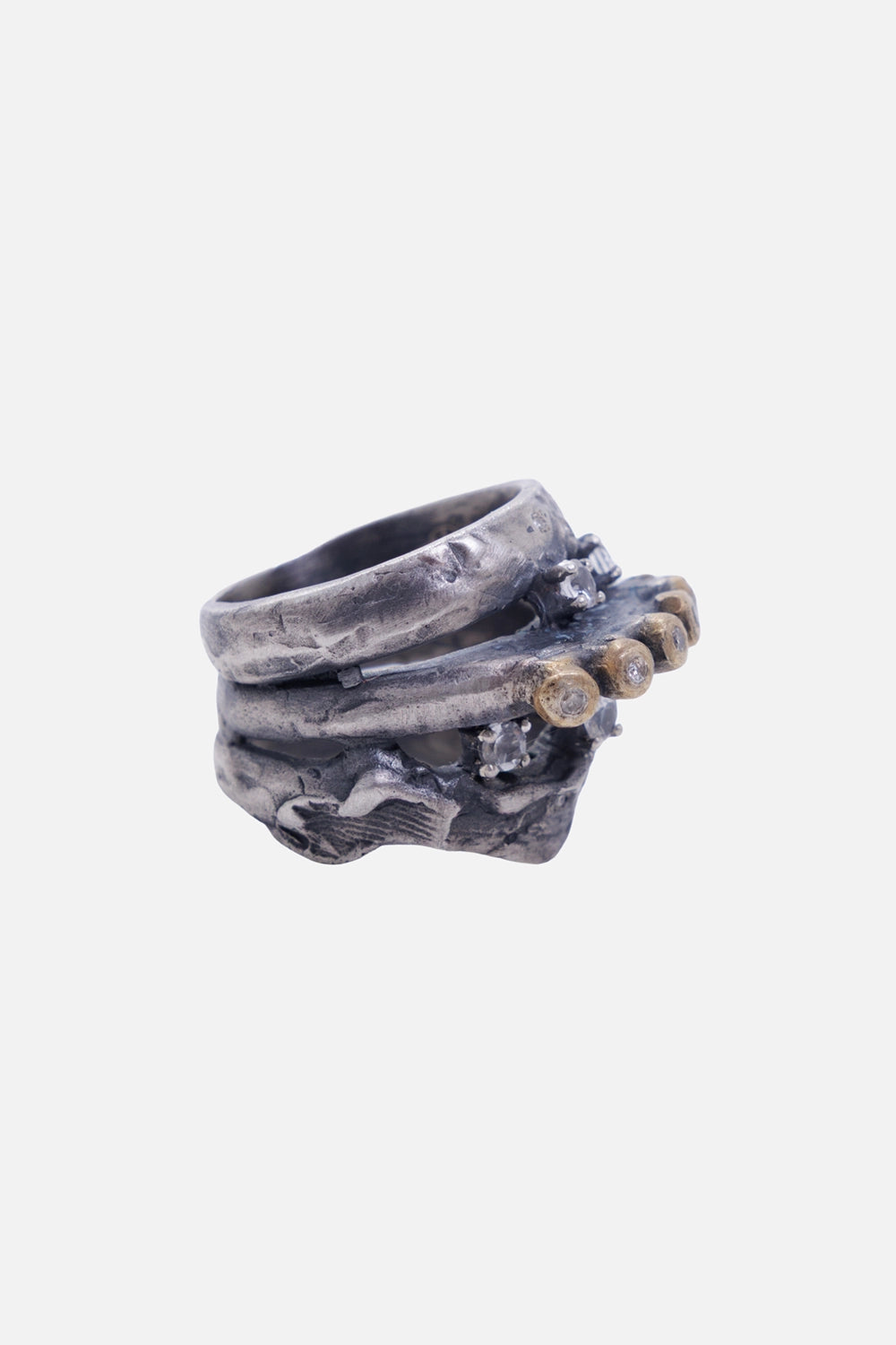 Kundo unisex Freya ring in silver and gold-tone, three-quarter view with hammered bands and raised clear stones