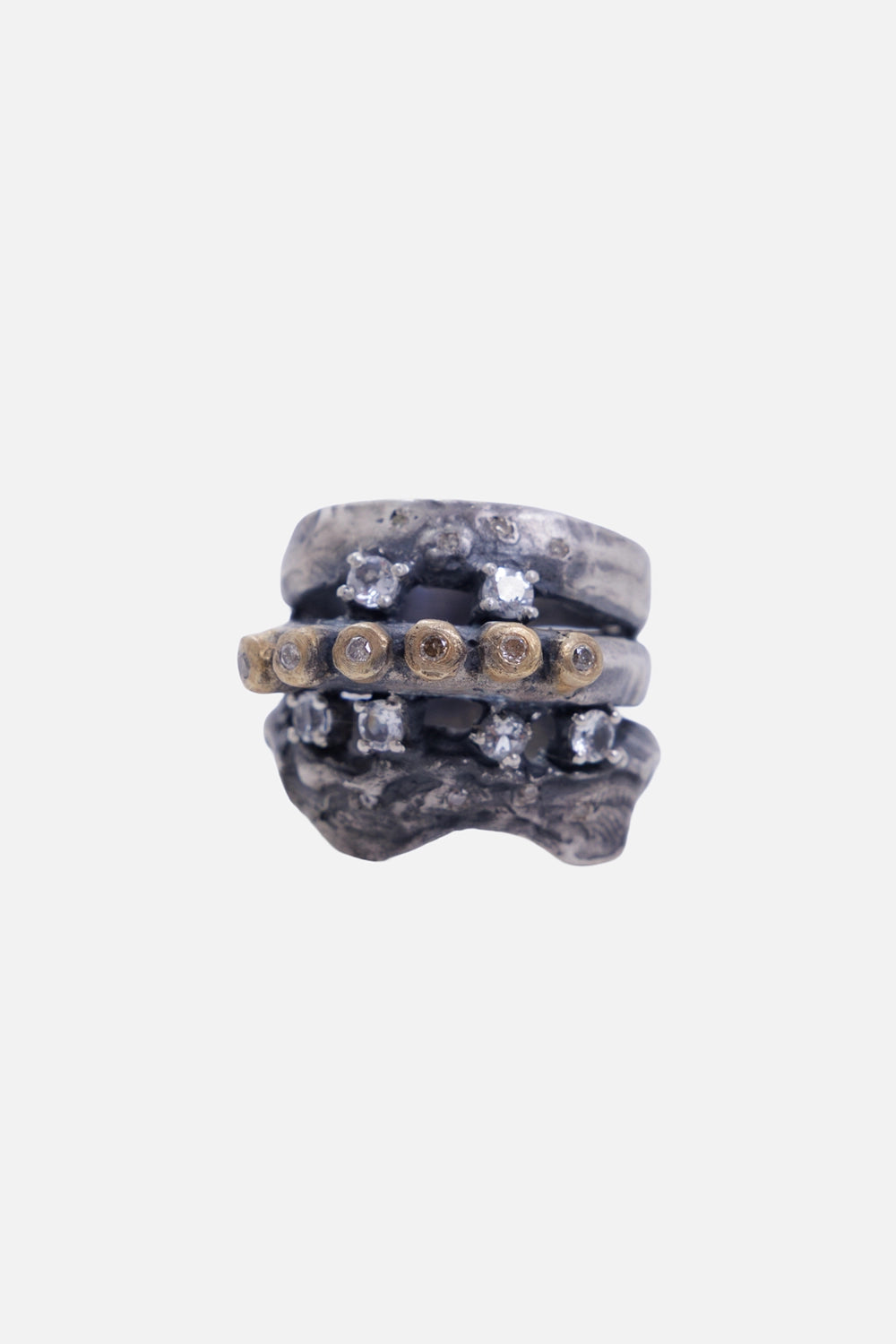 Kundo unisex Freya ring in silver and gold-tone, front view with uneven triple bands and clear stone settings