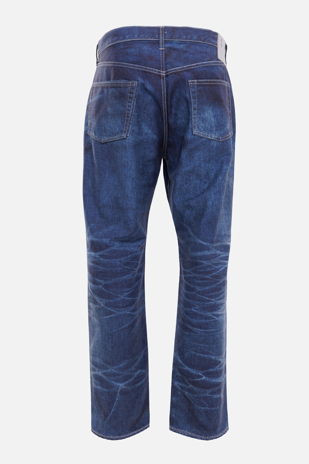 Junya Watanabe MAN men's jeans in indigo, back view, patch pockets and printed whiskering