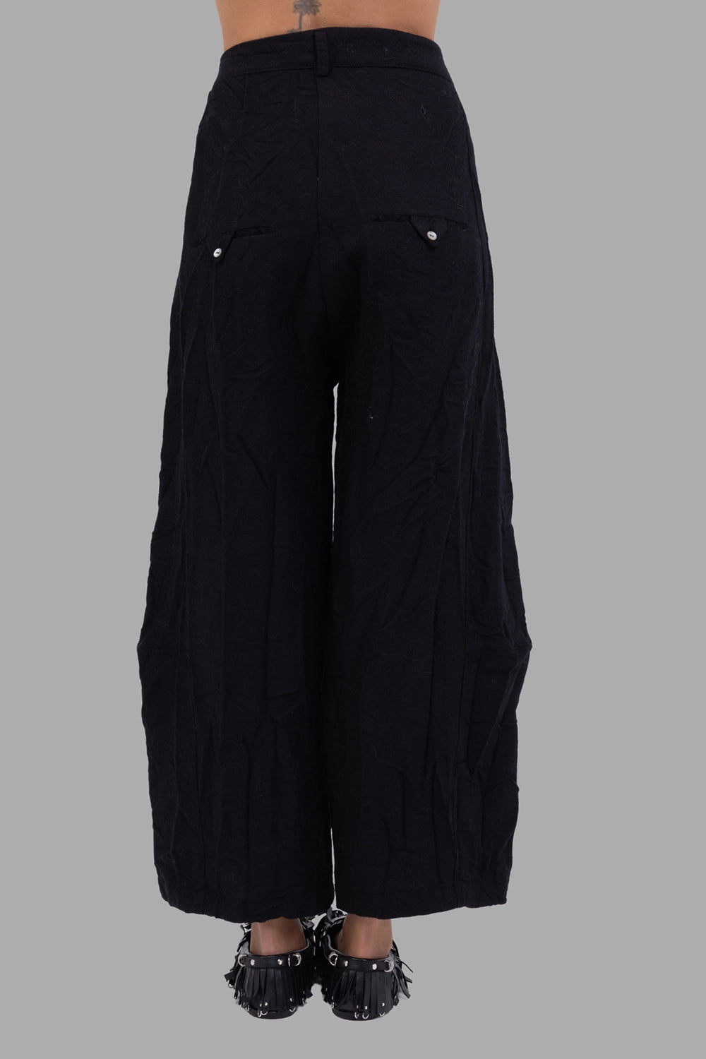 Marc Point women's trousers in black, back view, flap back pockets with studs and wide cropped leg
