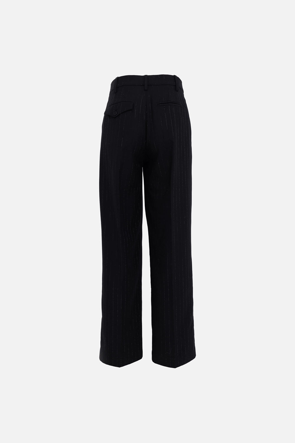 Zadig&Voltaire women trousers in black, back view, straight leg with flap back pocket and rhinestone pinstripes