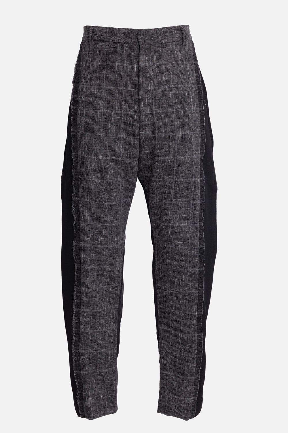 Giovanni Cavagna men's trousers in black check, front view, grey check panel and frayed sides