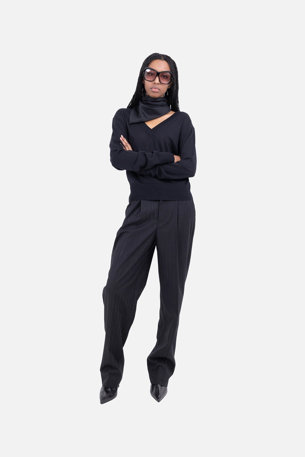 Zadig&Voltaire women trousers in black, on-model full length, straight-leg tailoring with rhinestone pinstripes