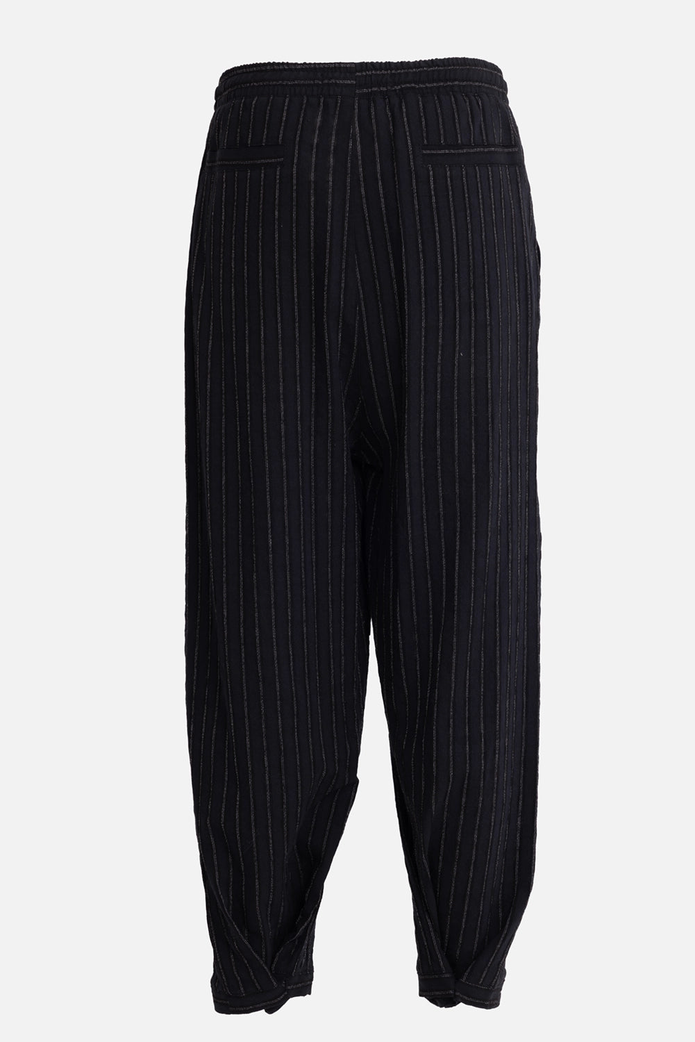 La Haine Inside Us unisex trousers in black stripe, back view with rear welt pockets and raised vertical lines