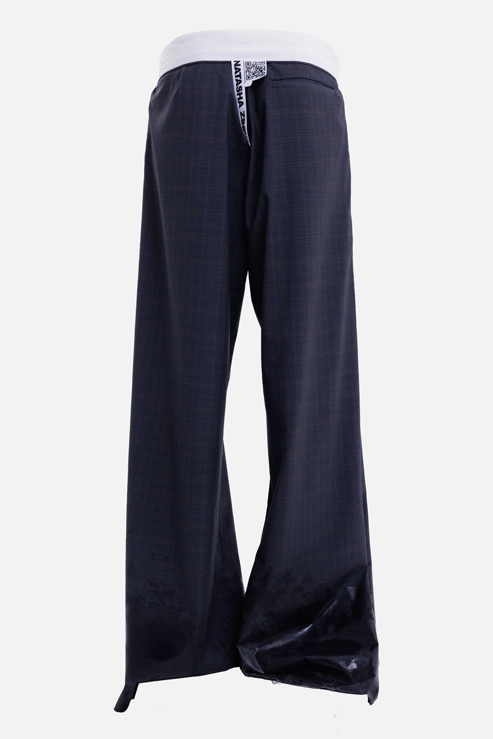 Natasha Zinko women's dark grey trousers, back view with welt pocket and extended wide legs