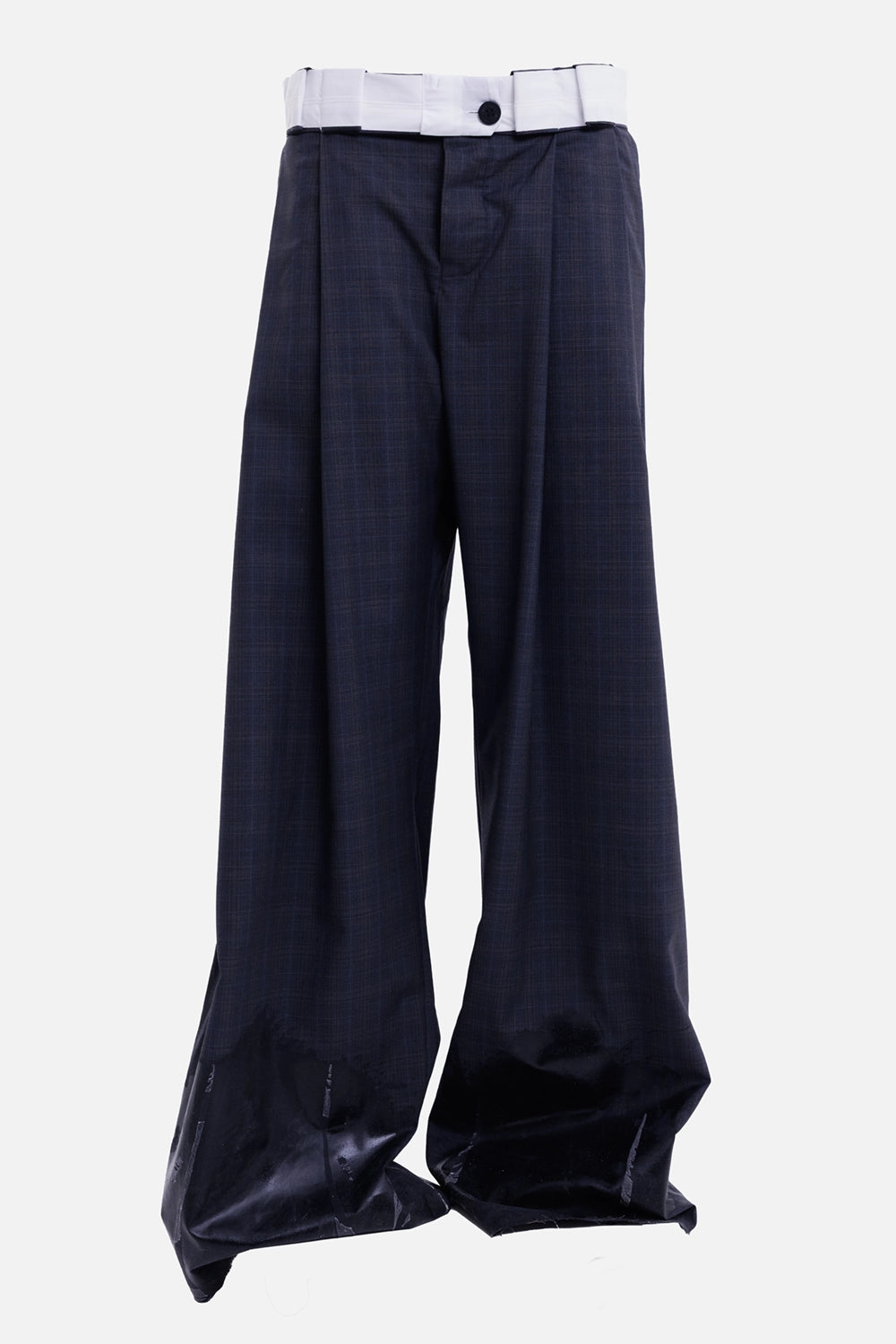 Natasha Zinko women's dark grey trousers, front view with contrast waistband, pleats and sculpted hems
