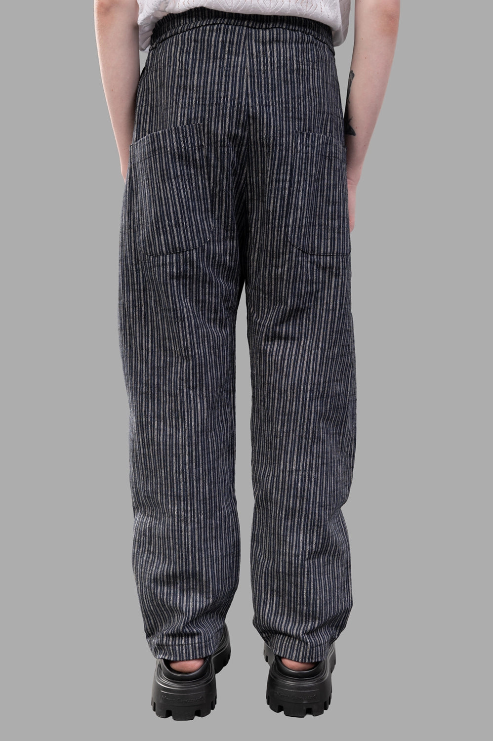 Marc Point trousers in grey-blue stripe, front view, fine vertical stripes and drawstring