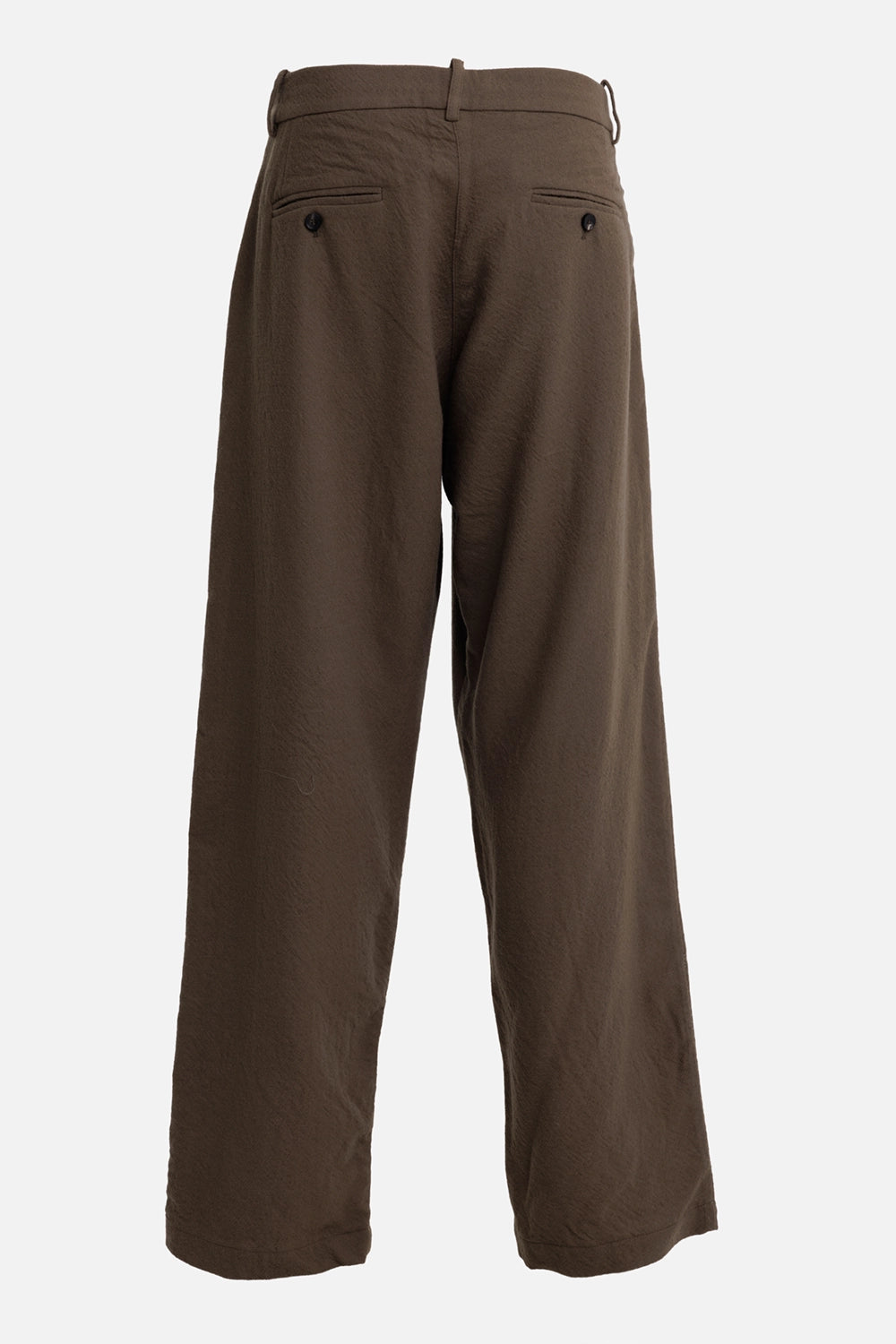 Masnada men's trousers in Marsh, back view with straight wide legs and buttoned welt pockets